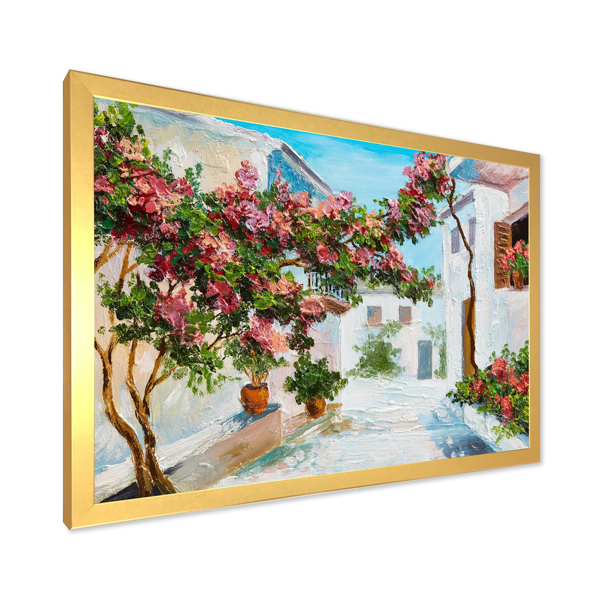 Designart 'Blossoming Flowers With White House Near The Sea' Nautical & Coastal Framed Art Print