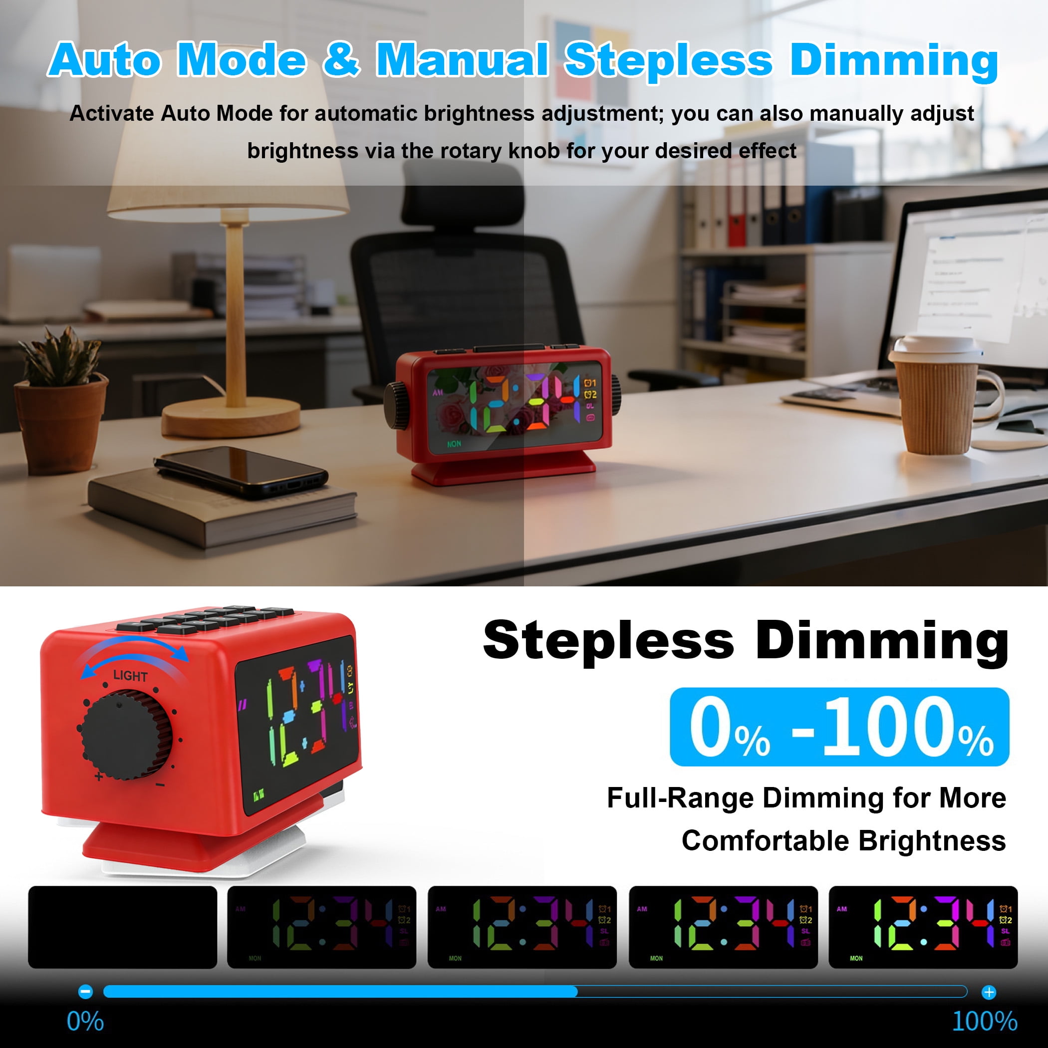 GJX Digital Desk Clock,Large Screen Display Bedside Clock,Multifunctional Alarm Clocks for Bedrooms,Calendar Radio,RGB Colorful Mirror,Dual Alarms,Snooze Function 5-60 min,12 Level Volume,12/24H