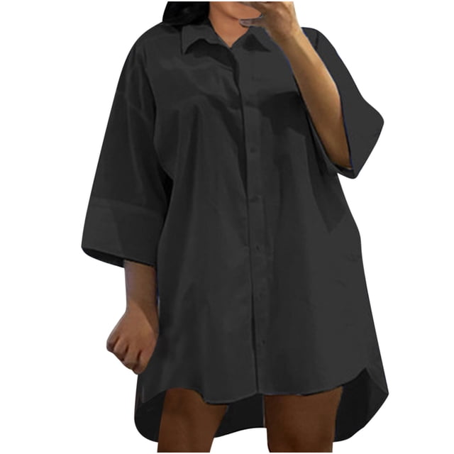 Camisa Con Botones Para Mujer, Manga Tres Cuartos, Cuello Vuelto, Vestido Suelto Informal Liso, Vestidos Odeerbi ODB-6