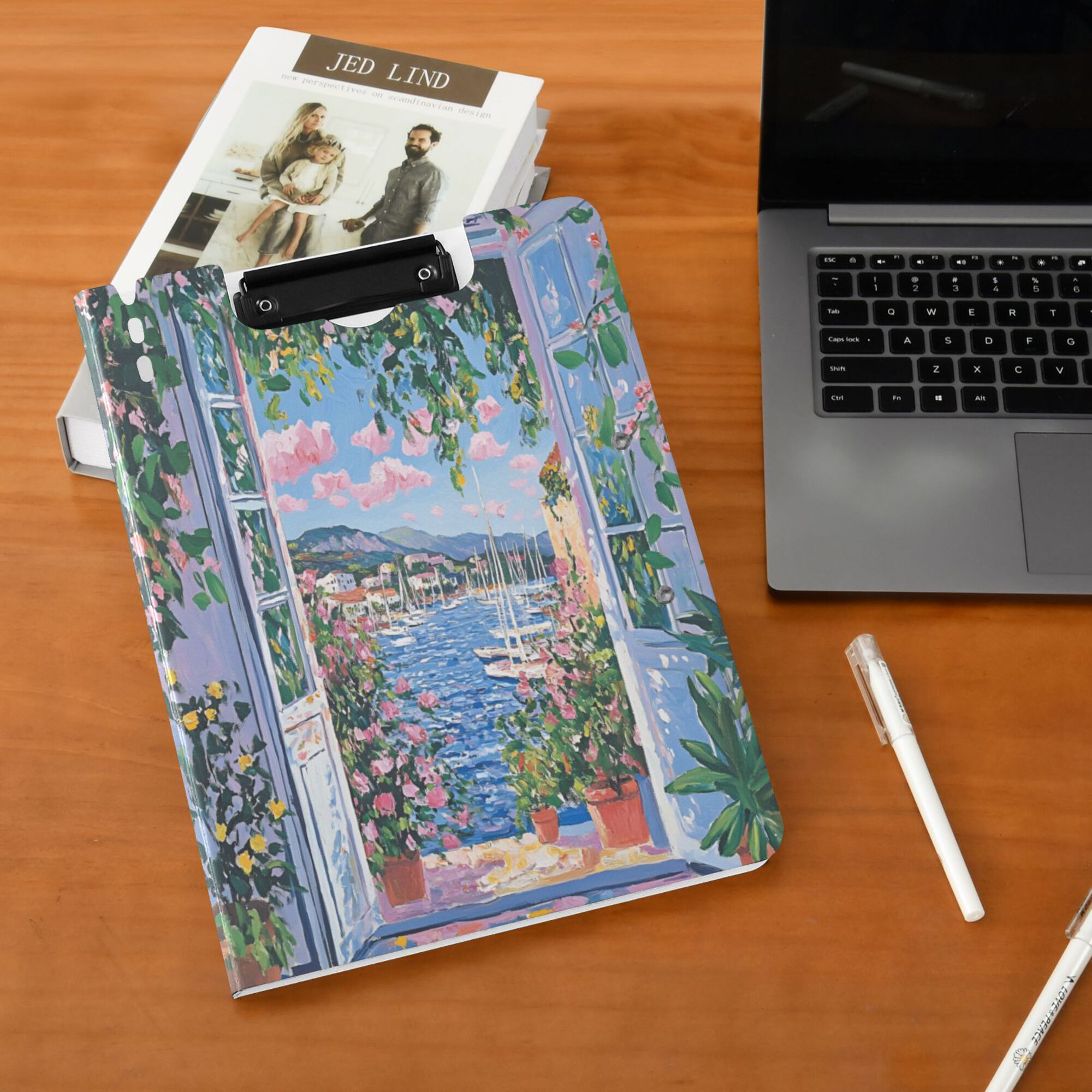 FORMRS A4 Clipboard Folder with Pen Holder Horizontal Foldable School Office Binder, Blue Floral Window