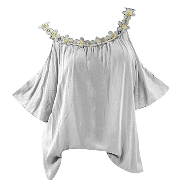 Birdeem Plus Size Women Applique Collar Round Neck Flower Solid Tops Strapless Cold Shoulder T-Shirt Blouse