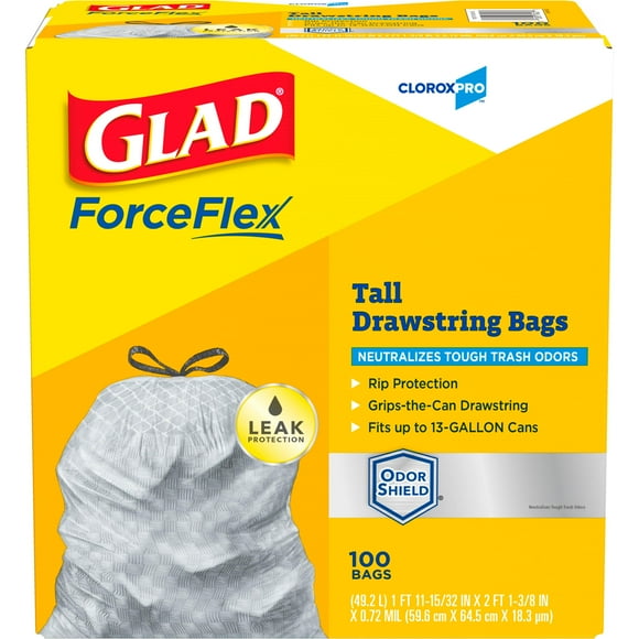 Glad Trash Bags, ForceFlex Tall Kitchen Drawstring Garbage Bags, Clorox 13 Gallon Trash Bags for Tall Trash Can, Industrial Cleaning, Unscented, 100 Count - 70427