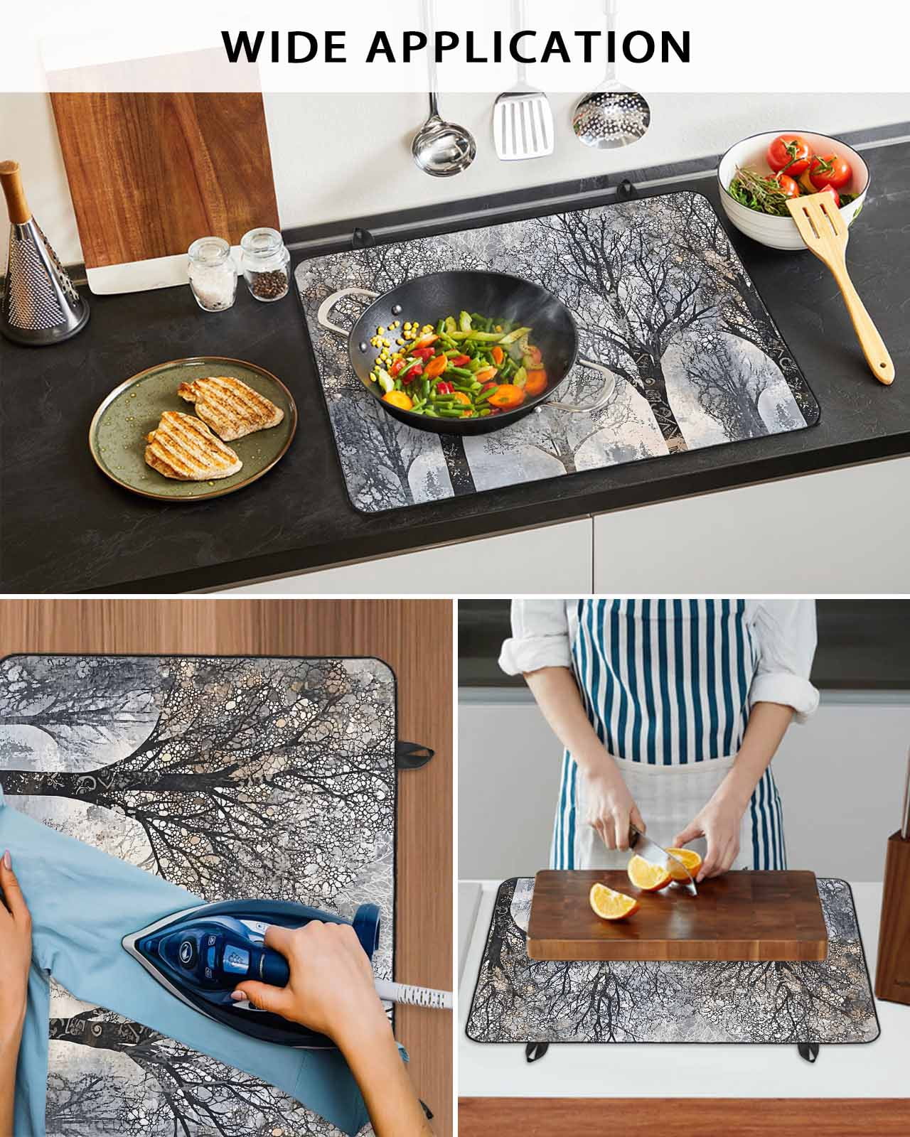 nqOlkjepod Large Induction Cooktop Protector Mat 24"x21", Black Grey Forest Stove Top Covers for Electric Stove, Vintage Watercolor Tree Tunk Stove Burner Cover Mats, Glass Top Stove Cover