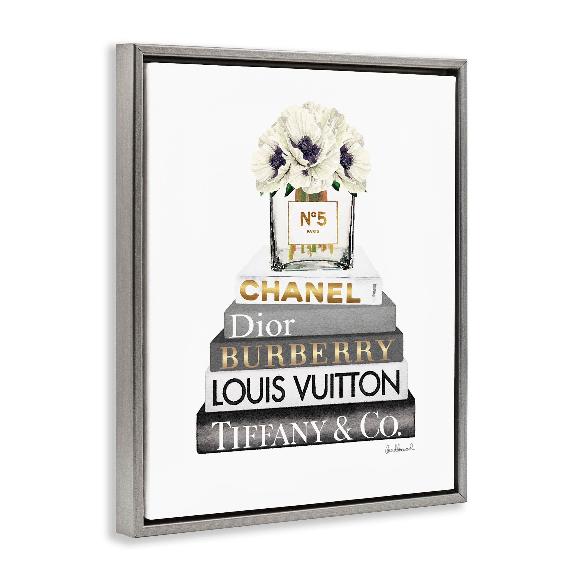 Stupell Industries Blooming White Floral Display on Glam Designer Bookstack Luster Gray Framed Floating Canvas Wall Art, 16x20, by Amanda Greenwood