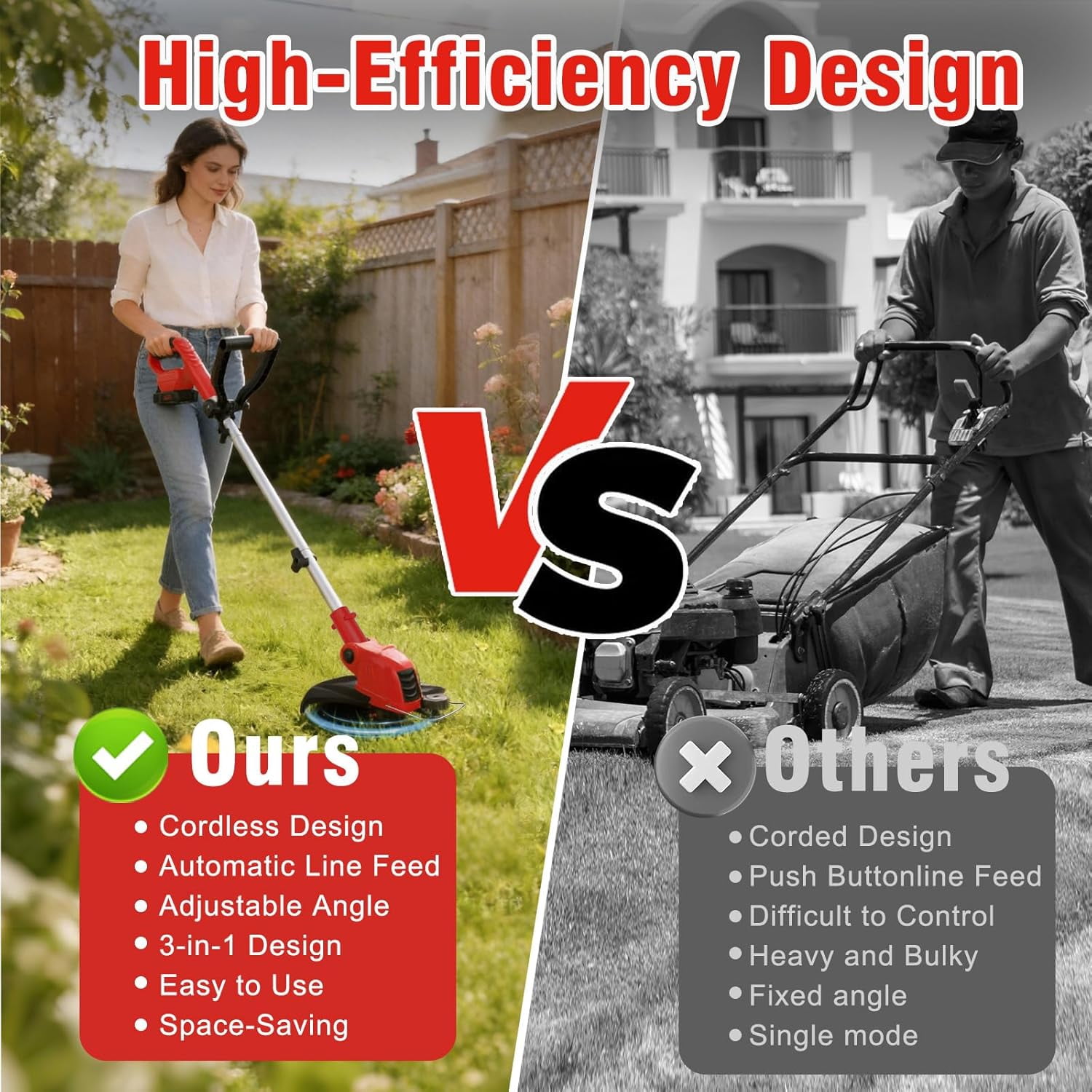 21V Cordless String Trimmer & Edger, 12" Auto-Feed Grass Cutter with 2.0Ah Battery & Fast Charger, 2-in-1 Electric Weed Wacker Lawn Tool for Yard Garden Maintenance-Red