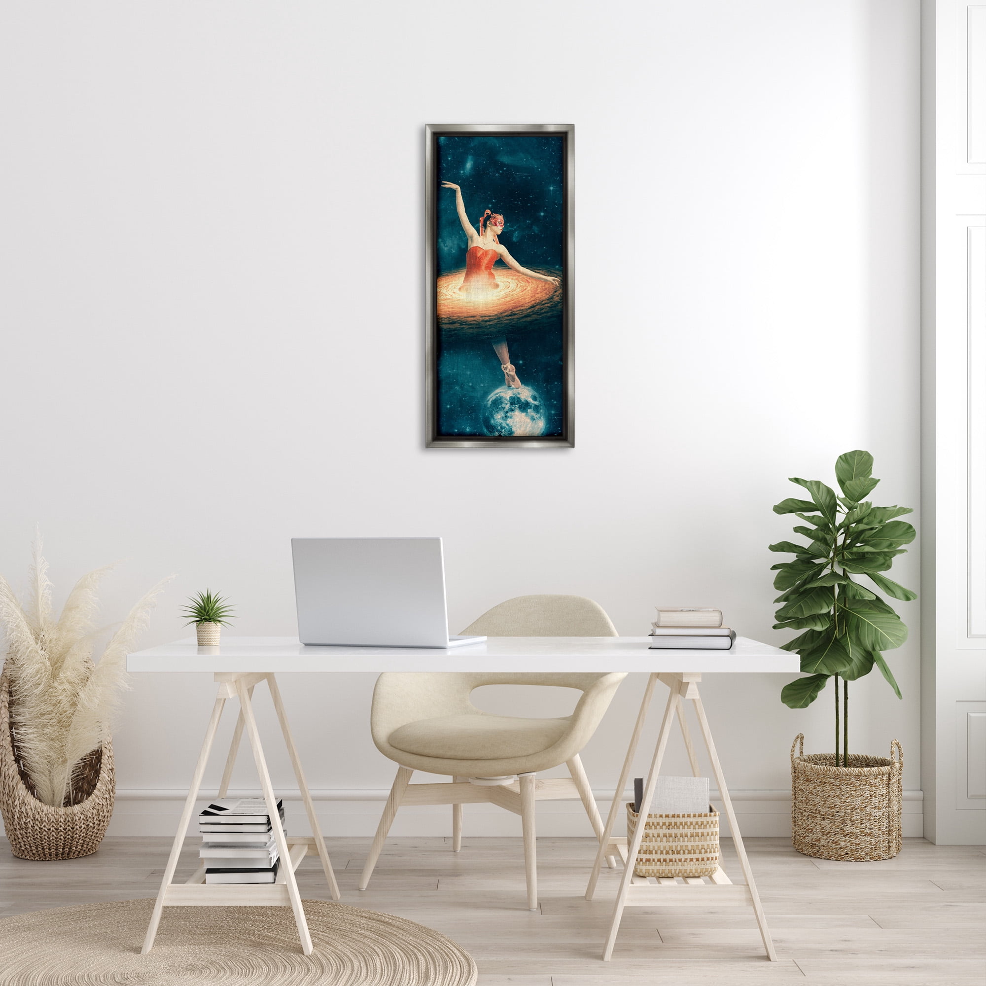 Stupell Industries Dancing Ballerina Surreal Nebula Dress Abstract Painting Gray Floater Framed Canvas Art Print Wall Art, 15 x 31