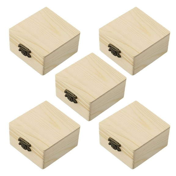 5pcs Plain Wood Wooden Square Hinged Storage Boxes Craft Gift- Box Handmade Case Box Storage Organization Retro Jewelry Box