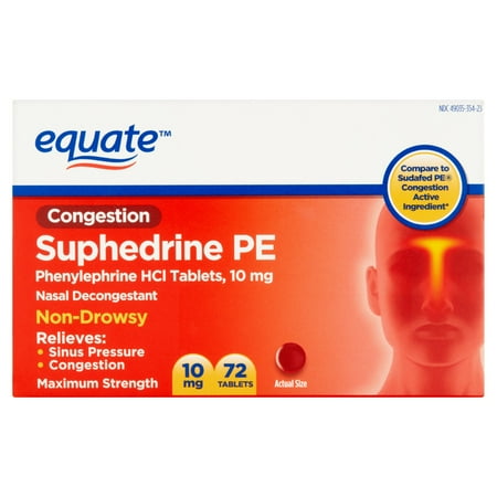 Equate Maximum Strength Non-Drowsy Nasal Decongestant PE Tablets, 10 mg, 72 ct
