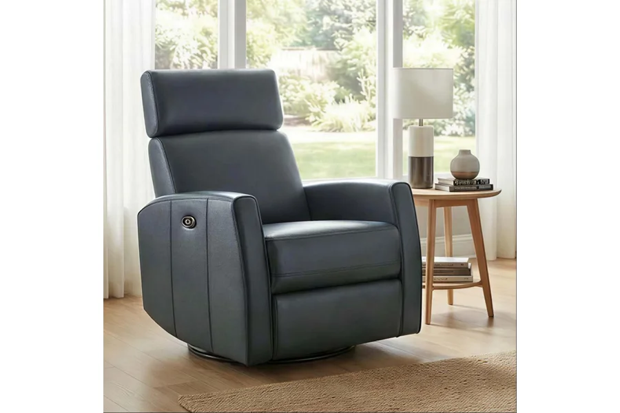 Spruce & Spring Premium Genuine Leather Power Swivel Glider Recliner With Dual Armrests 1 Piece Indoor Use Blue Fabric