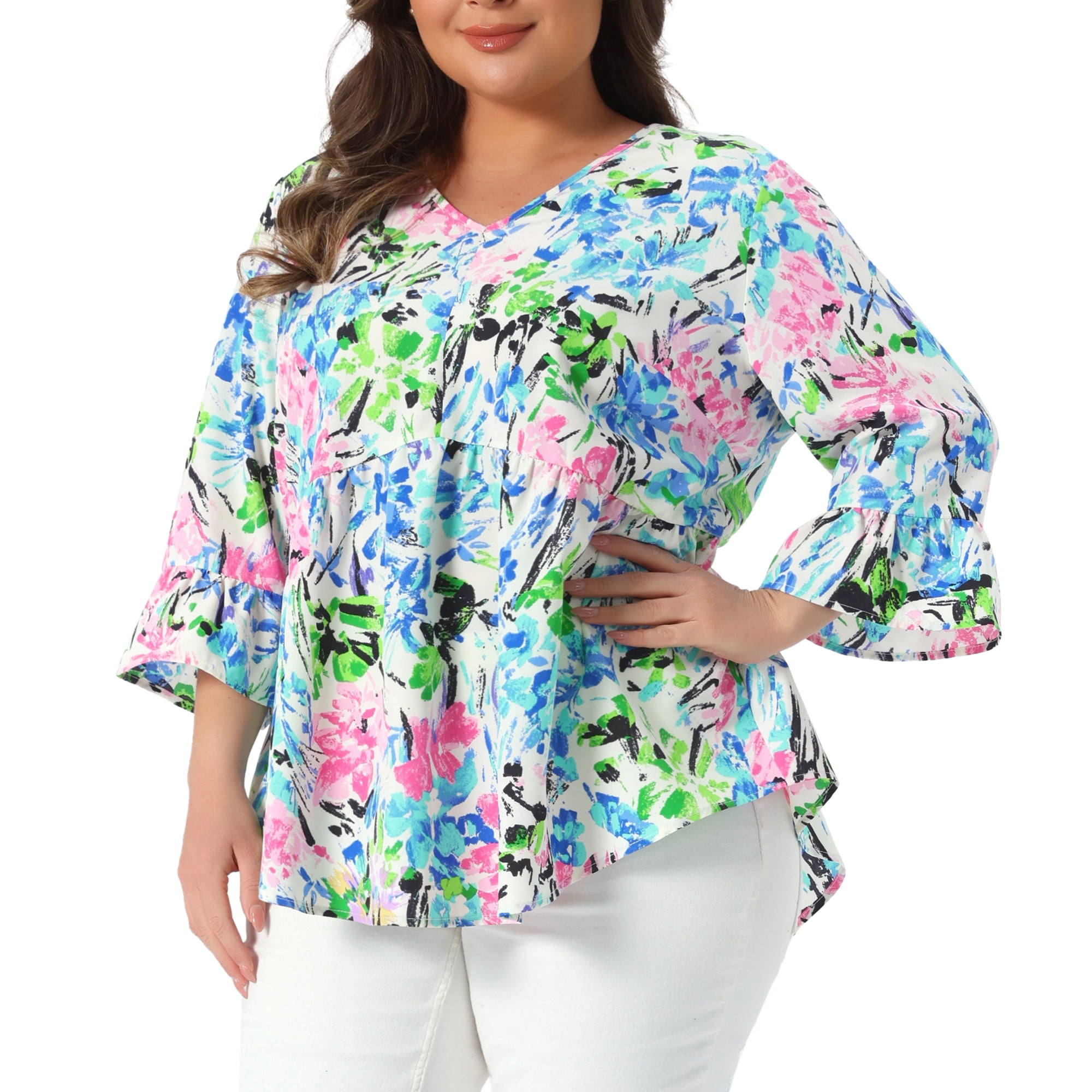DARING DIVA Women's Plus Floral Blouses V Neck Ruffle Babydoll Peplum Tops 2X Pink Blue