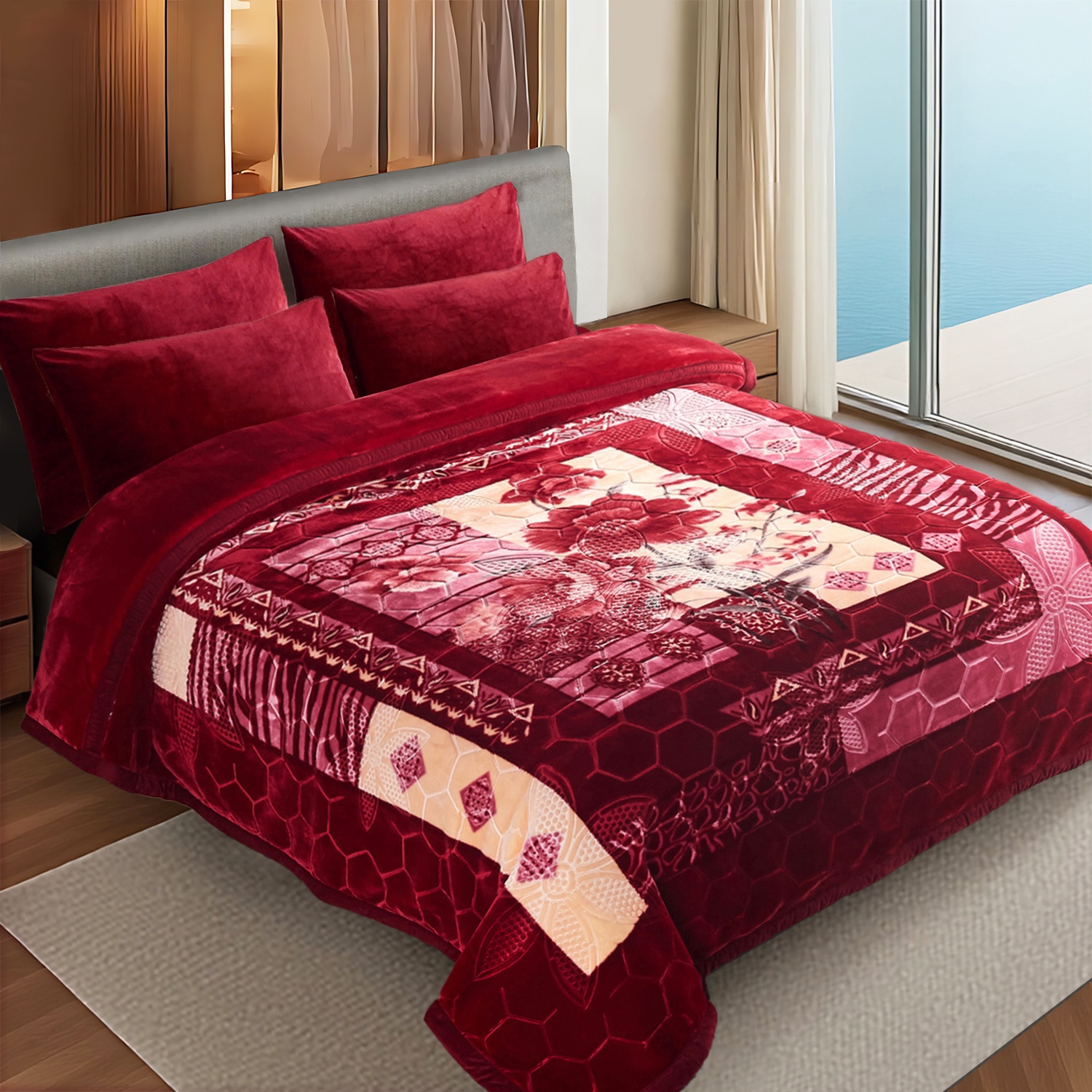 10lbs Heavy Thick A&B Pattern Blanket 2Ply Reversible - Thick Warm Plush Korean Style Bed Blanket, King Size Fleece Plush Blanket, Soft Winter Blanket For Adult 87" x 95", Burgundy Red Flower