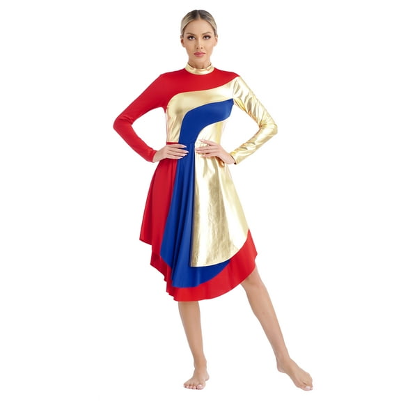 Oyolan Women Metallic Color Block Lyrical Modern Dance Dress Liturgical Dancewear Praise Tunic Red XL