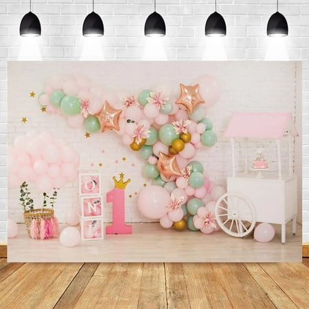 Image of Baby First Birthday Photography Backdrop Photocall Balloon Cart Background Party Decor Photophone White Brick Wall Photo Studio