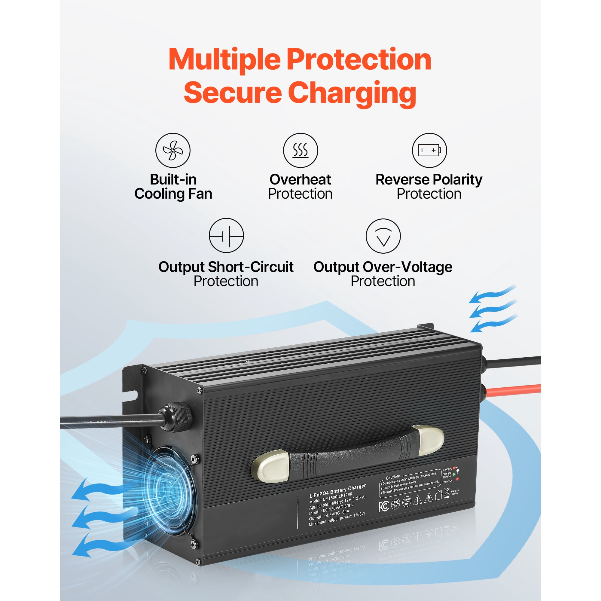 KFFKFF 12V 80A Lithium Battery Charger, 14.6V AC-DC LiFePO4 Smart Charger with Anderson Connector, LED Display, 0V Activation, Compatible with Lithium LiFePO4 Deep Cycle Batteries for Boats and RVs