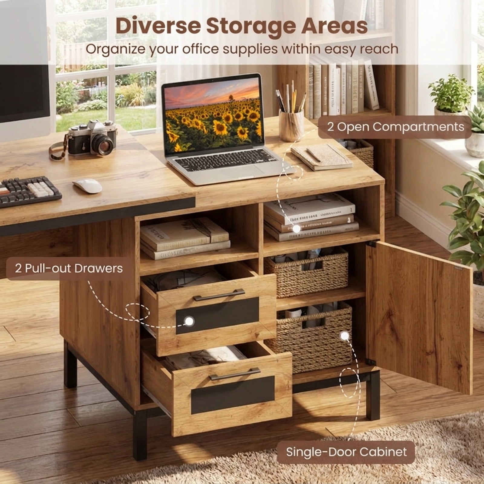 Furnibear Computer Desk 71 Inch Computer Table with Open Compartments and Drawers, Natural