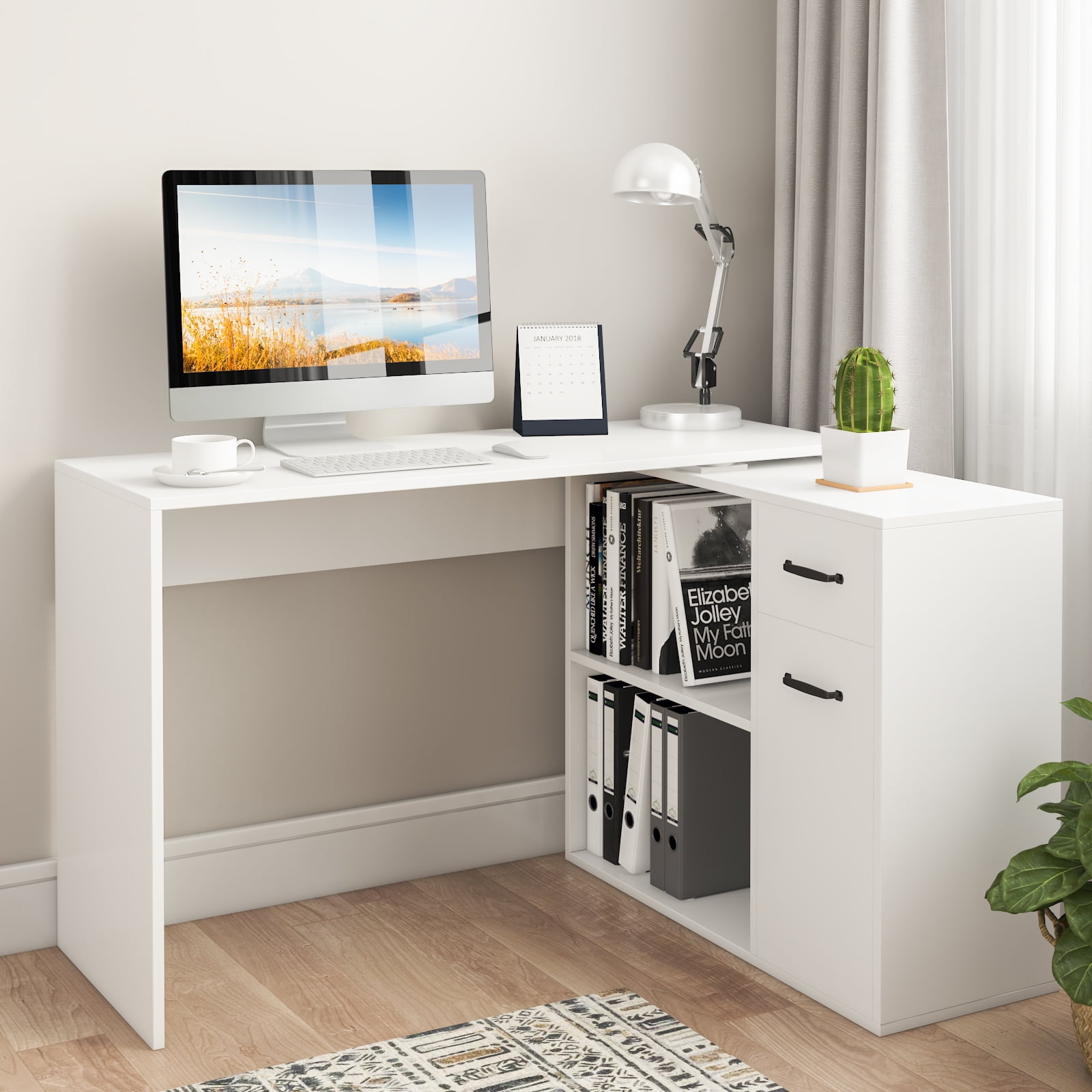 Hoffree 180 Degree Rotating Computer Desk L-Shaped Corner Computer