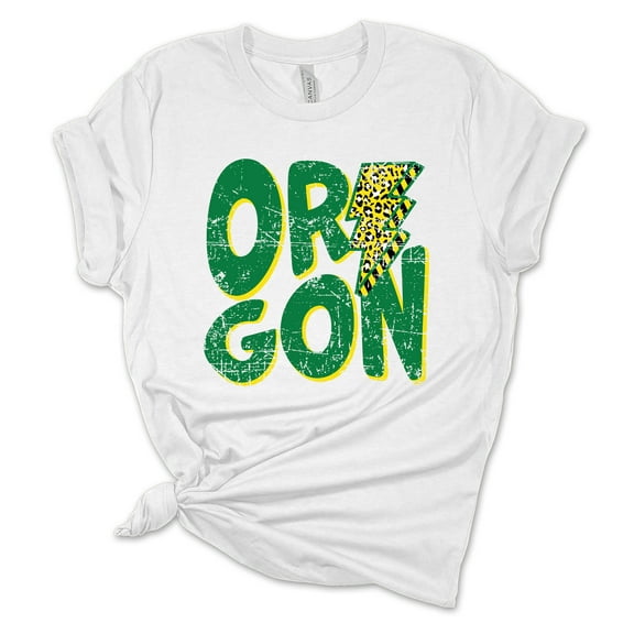 Womens Oregon Football Team Color Green and Yellow Lightning Bolt Short Sleeve T-shirt-White-xxl