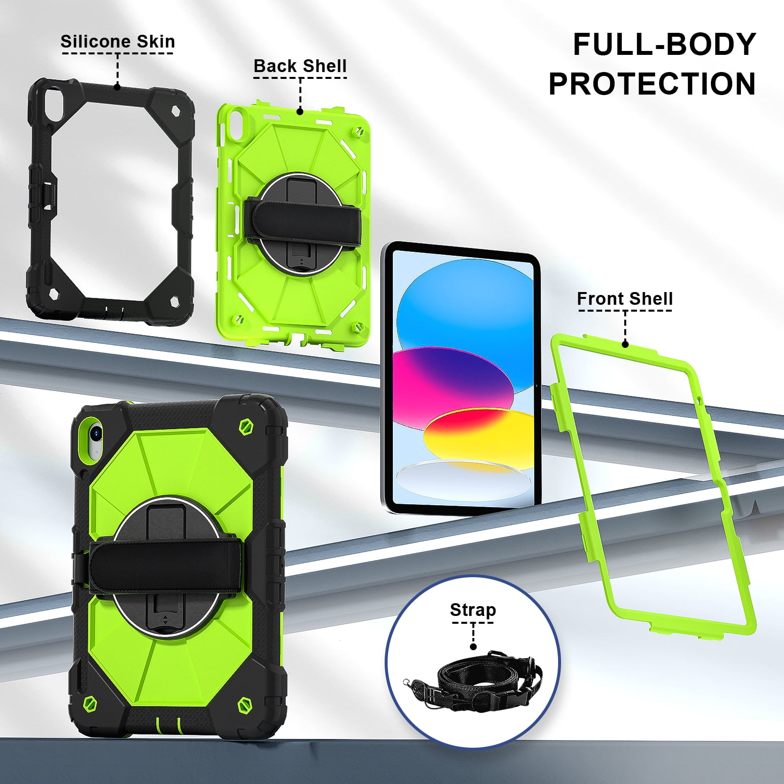 ELEHOLD Rugged Hybrid Case for iPad 11th Gen (A16) 2025 11-inch,with Built-in Kickstand 360° Rotating Handstrap Pencil Holder Crossbody Shoulder Strap Shockproof Heavy Duty Case,Black/Green