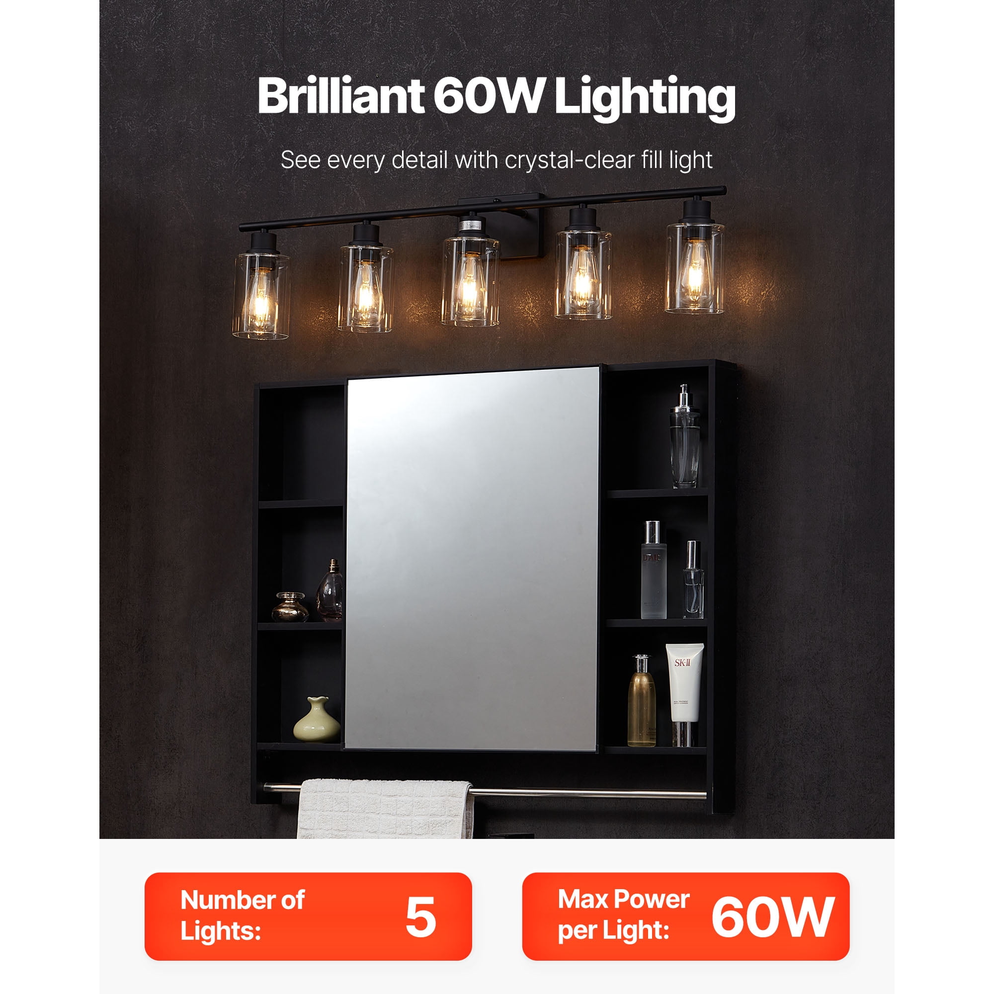 KFFKFF 5-Light Bathroom Vanity Fixture, 37.1-Inch Modern Wall Light with Clear Glass Shades, 60W, Suitable for Bathroom, Living Room, Bedroom, Hallway, E26 Base (Bulbs Not Included)