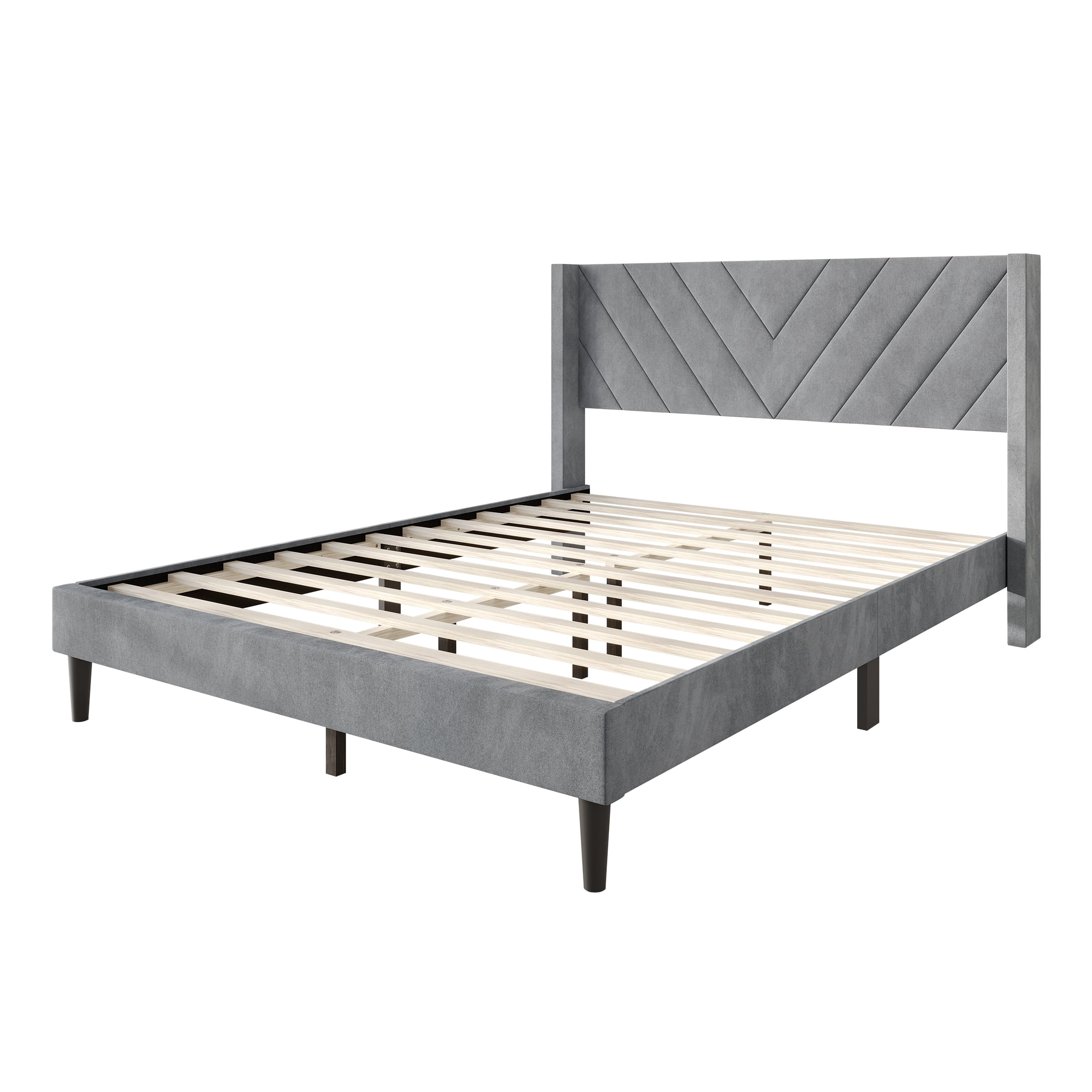 Castle Place Sophisticated Wingback Velvet Upholstered Queen Platform Bed, Light Grey
