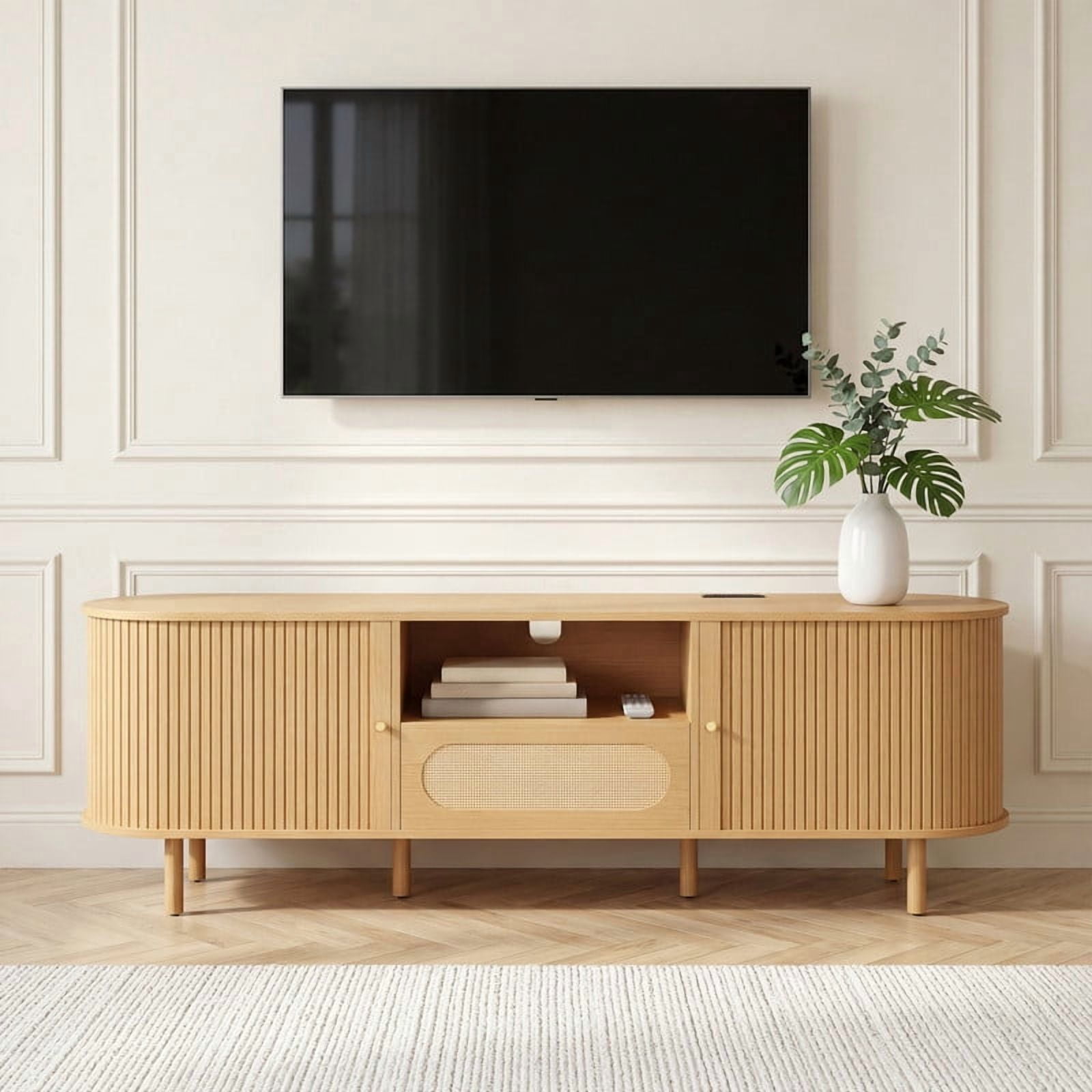 Spruce & Spring Tambour TV Stand with Power Outlet, Mid-Century Modern Entertainment Center, Rattan Drawer & Fluted Sliding Doors, Solid Wood Legs & Cable Management, Oak, for TVs up to 80 Inch