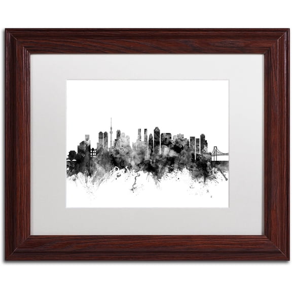 Trademark Fine Art "Tokyo Japan Skyline B&W" Canvas Art by Michael Tompsett, White Matte, Wood Frame