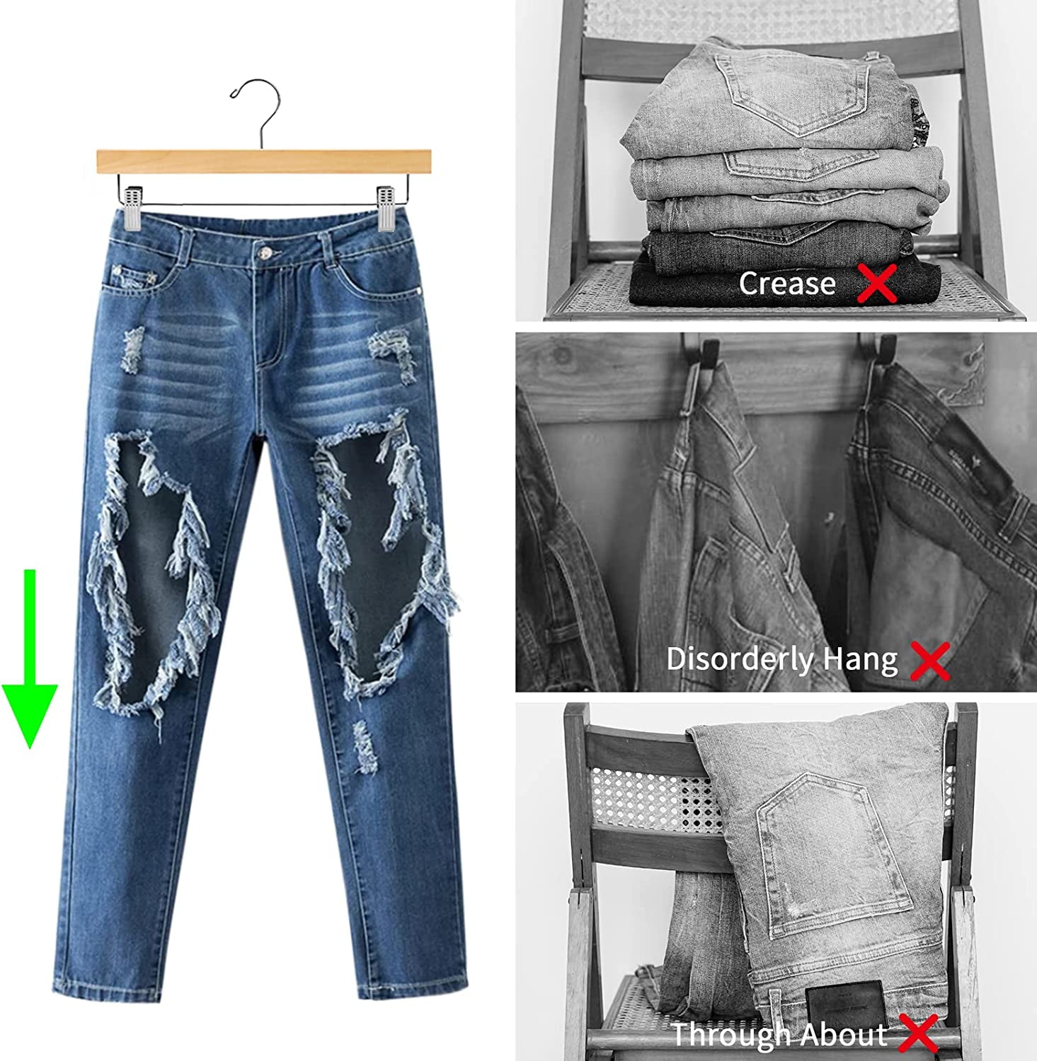 Wooden Pants Hangers Bottom Hanger Jeans Hanger Skirt Hanger with 2 Adjustable Clips Anti Rust Hook of 10 (Natural)