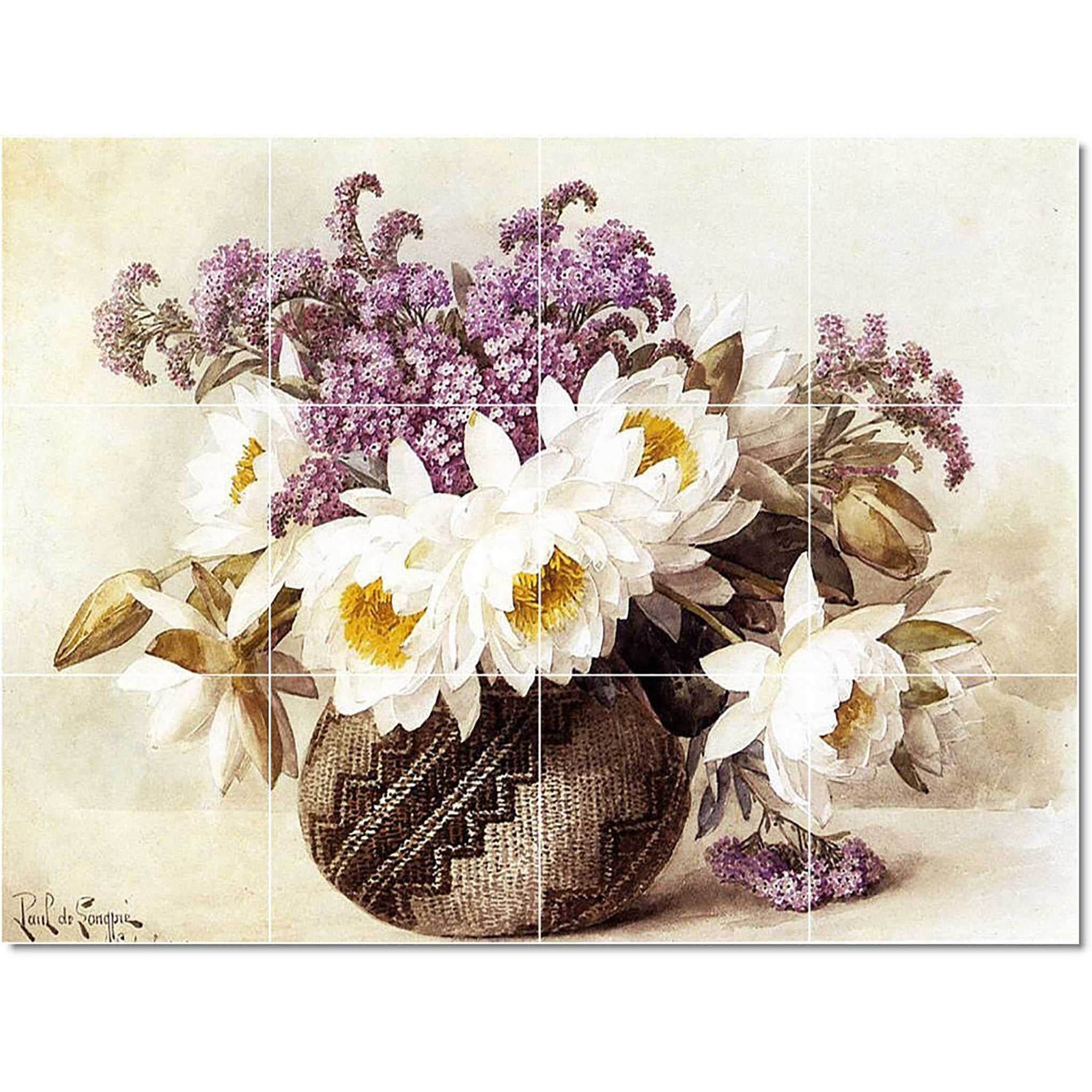 Ceramic Tile Mural-Paul De Longpre Flowers Painting 254. 32" w x 24" h using (12) 8 x 8 ceramic tiles