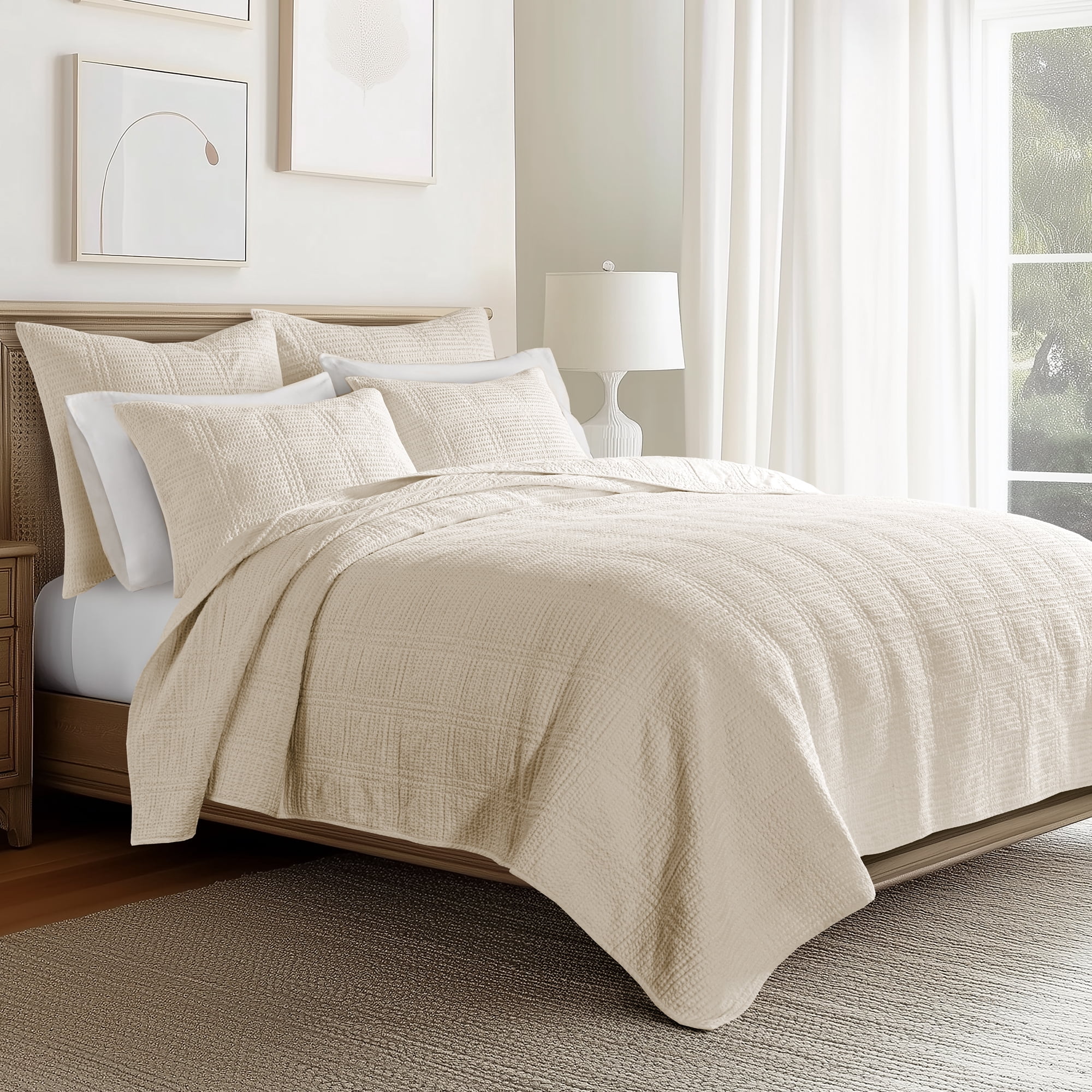 Levtex Home - Cloud Waffle Quilt Set - Full/Queen Quilt and Two Standard Shams - Waffle Textured - Undyed Cream - Quilt (88x92in.) and Shams (20x26in.) - Reversible - Cotton