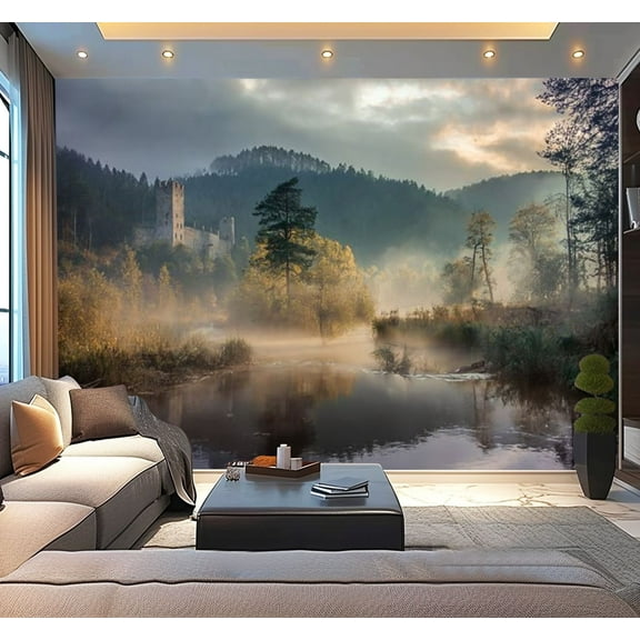 Peel and Stick Wallpaper Waterproof Morning fog small river castle tower Wall Mural Decor Self Adhesive and Removable 100in x 144in