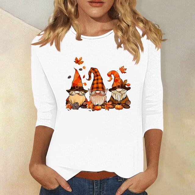Leodye T-Shirts d'Halloween pour Femmes à Manches 3/4 à Col Rond, Automne, Halloween, Graphique Amusant, Haut à Manches Longues, Blanc 8(L)