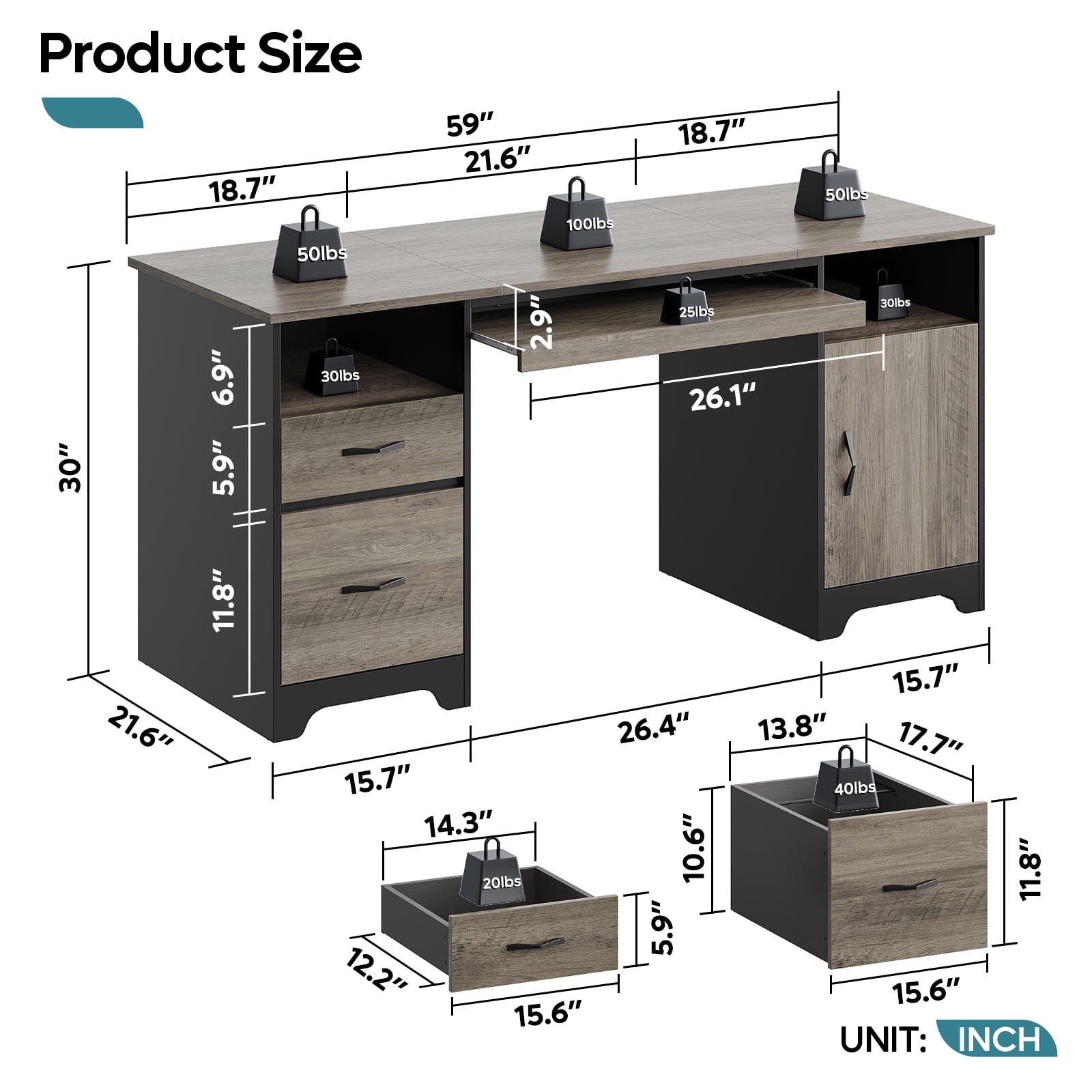 Bestier 59” Computer Desk with Drawers, Executive Desk with Storage Cabinet, Keyboard Tray for Home Office, Gray