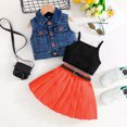 thumbnail image 2 of Ulitacool Girls Clothes Round Neck Short Sleeve Summer 4 Piece Outfit Denim Vest Top Camisole Green Pleated Skirt With Beltable Children Relax Fit Outfits Summer Clothings Orange 2-3 Years, 2 of 4