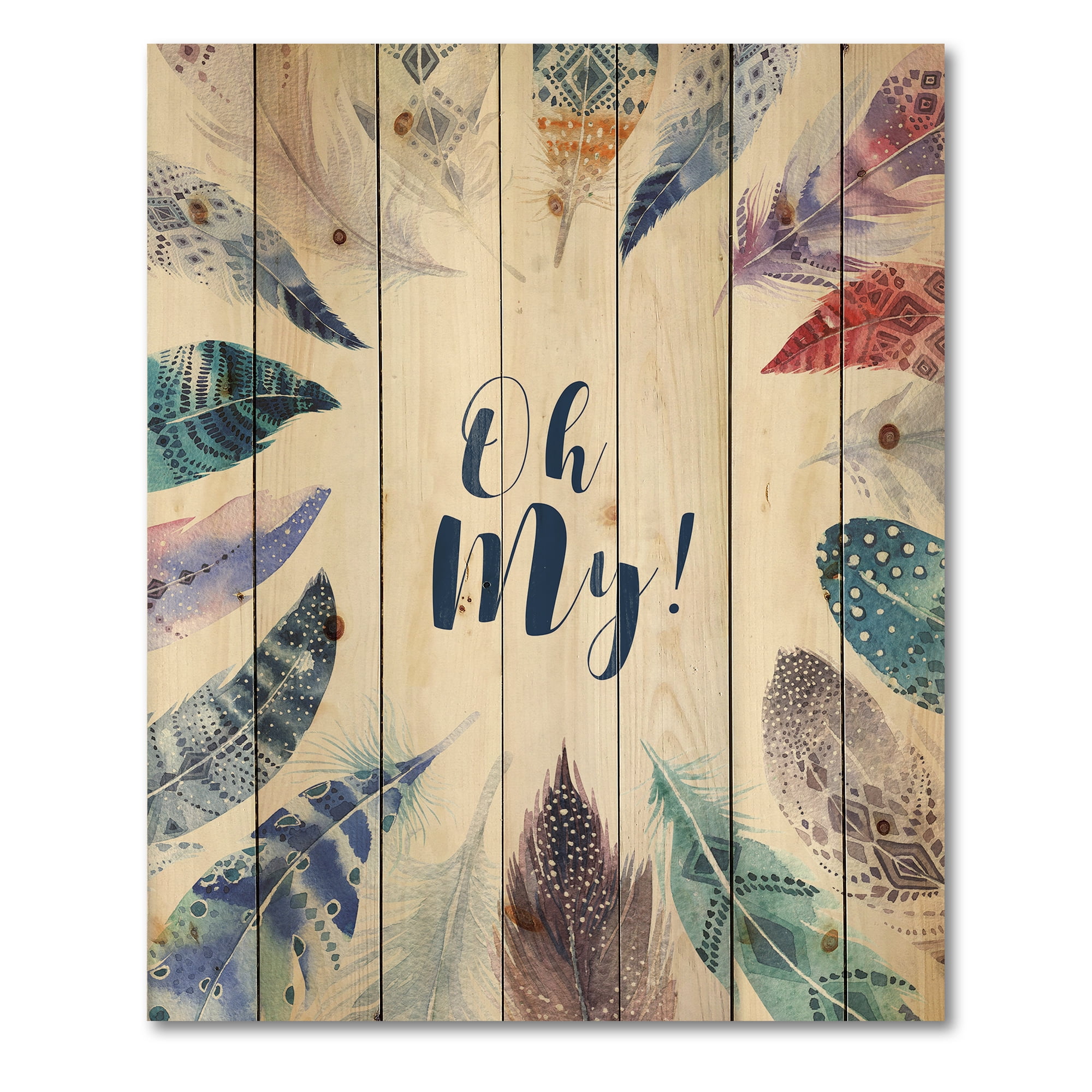 Designart 'Vital Blue Feathers Oh My' Bohemian & Eclectic Print on Natural Pine Wood