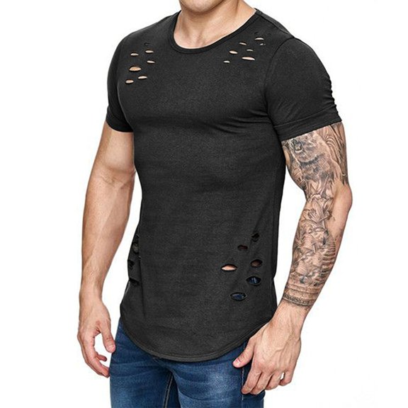 EQWLJWE Mens Fashion T-Shirts Men's Solid Short Sleeves With Holes In Summer Fashion Comfortable Blouse Top