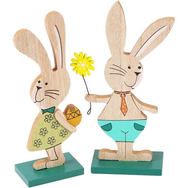 Decoración de conejito de Pascua, juego de 2 decoración de conejito de Pascua para estar de pie, decoraciones de conejito de Pascua de madera, decoraciones de Pascua en TUNC Sencillez