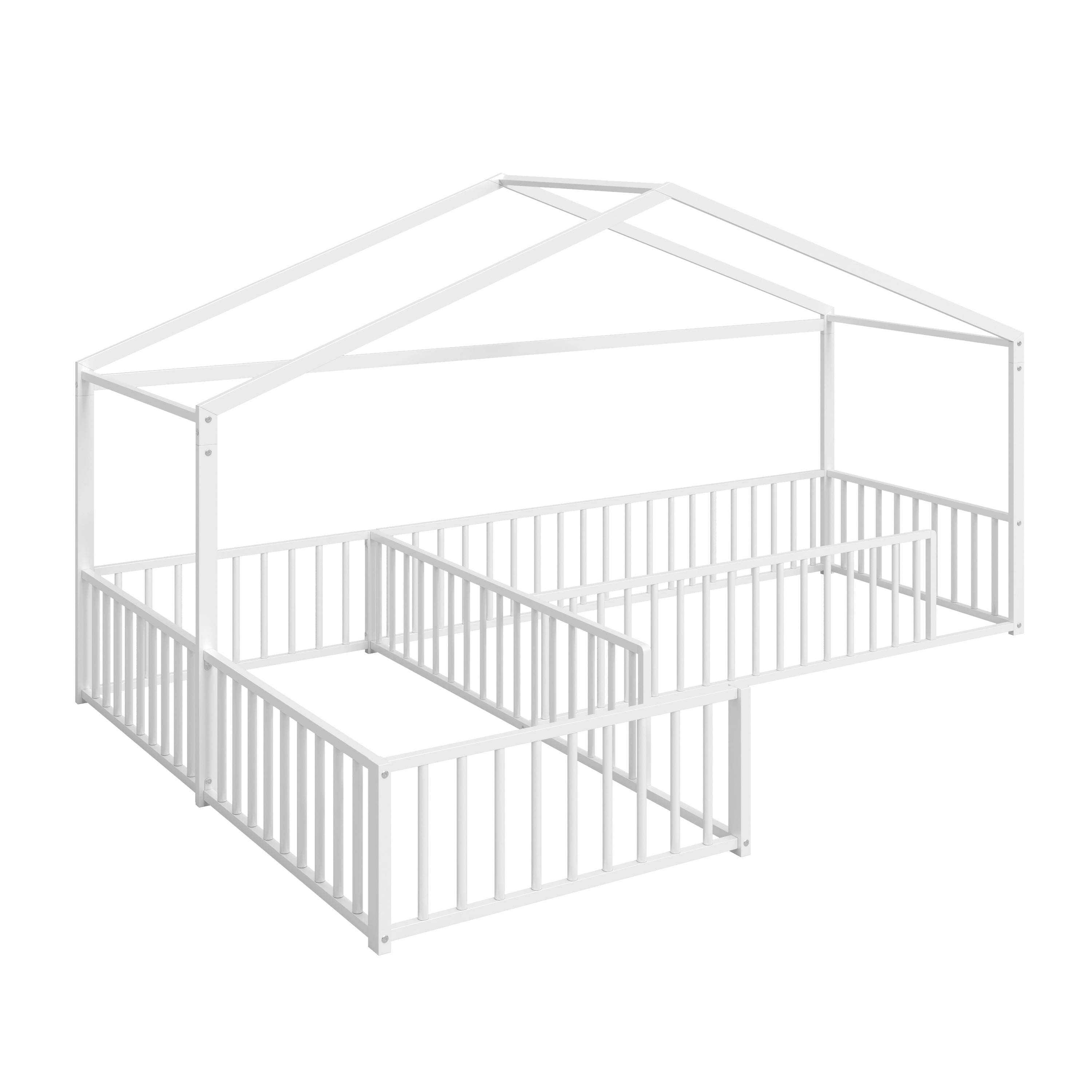 Euroco Metal L-Shaped Twin Size House Platform Bed, Double Montessori Bed with Fence, White