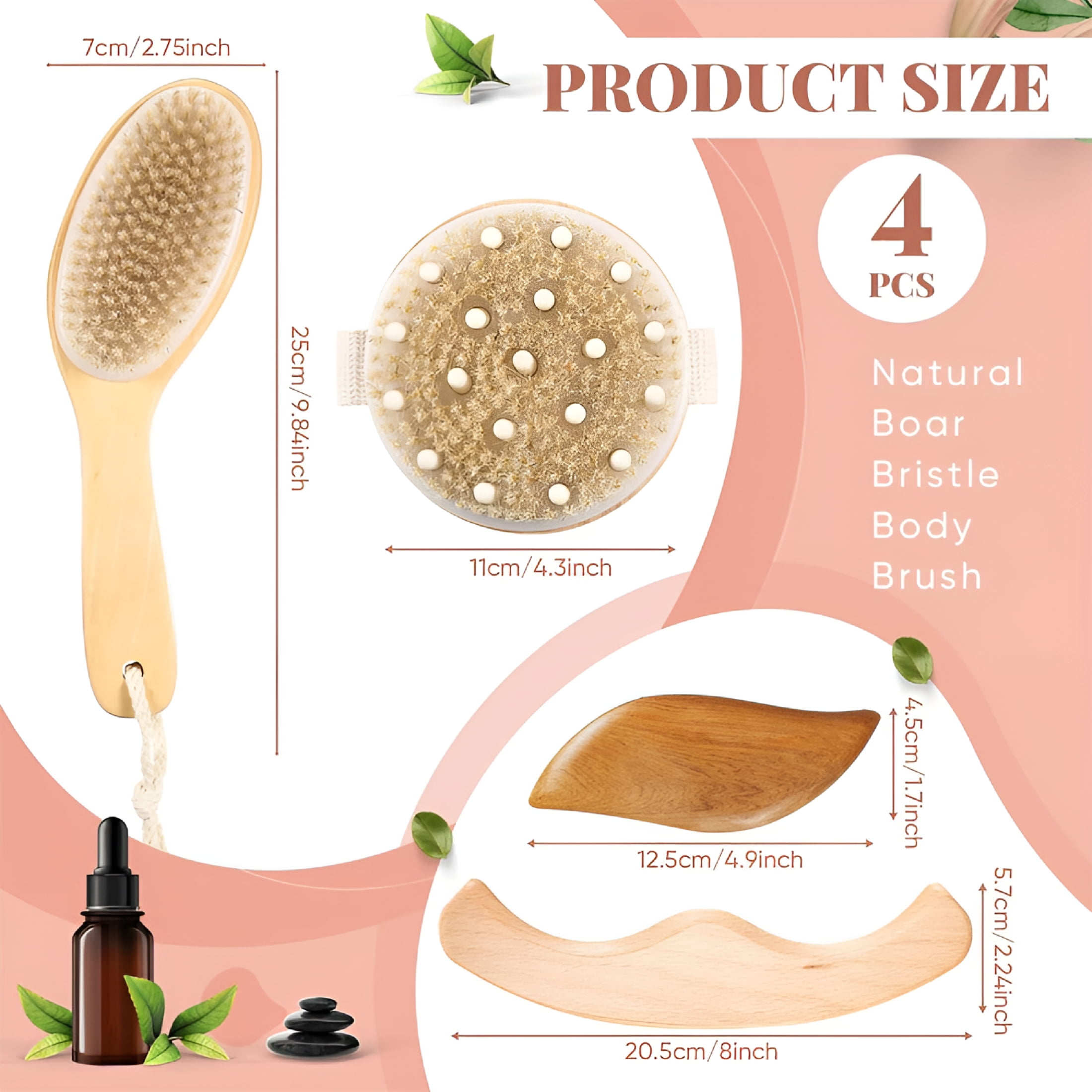 RAGUPEL 4 Pcs Dry Brushing Body Brush for Lymphatic Drainage Vegan Dry Brush with Wood Therapy Massage Lymphatic Drainage Tool Gua Sha Anti Cellulite Body Sculpting Sensitive Skin Exfoliation