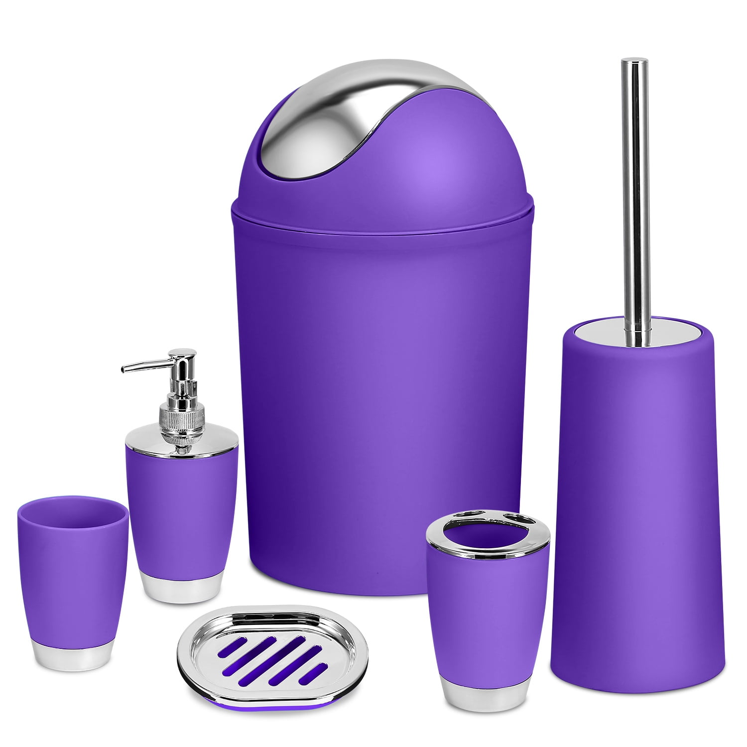 iMounTEK Bathroom Accessories 6 Piece Plastic Set Soap Dispenser Toothbrush Cup Toothbrush Holder Tumbler Soap Dish Toilet Cleaning Brush Trash Can Sets Purple