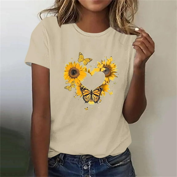 Munlar Trendy Womens Tops Summer Beige 2025 Crew Neck Short Sleeve Sunflower Graphic Tees L