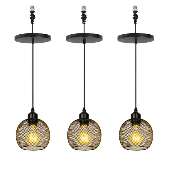 KAYYELAMP 3 Pcs Ceiling Light Conversion Pendant Light E26 Base Connection 3.2Feet Adjustable Cord Black Rounded Hollow Metal Pendant Vintage Design for Kitchen Stairs(No Bulb)