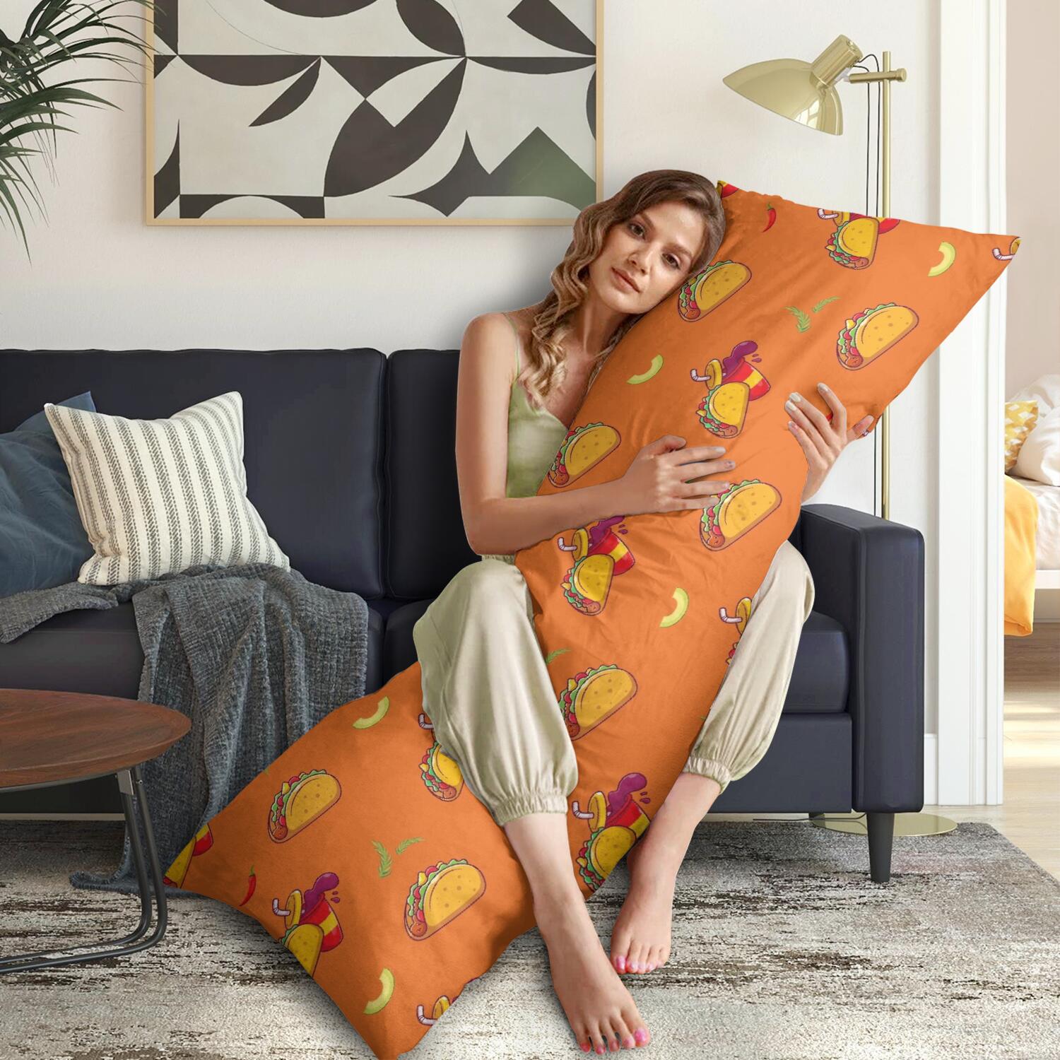 Hamburger Print Body Pillow Cover 20" x 54" Junk Food Lovers Cozy Pillowcase with Hidden Zipper, Stretchy Sandwich Design for Sleeping, Office, or Maternity Use