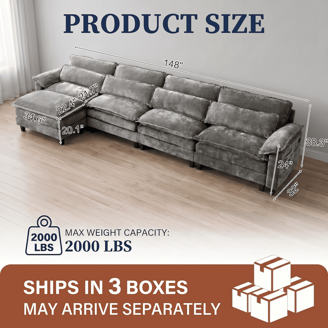 148" Cloud Sectional Modular Sofa, Modern Chenille L Shaped Couch with Reversible Chaise, Deep Seat 5 Seat Sectional Sofa with Pillows, Comfy Upholstered Couch for Living Room Apartment (Grey)