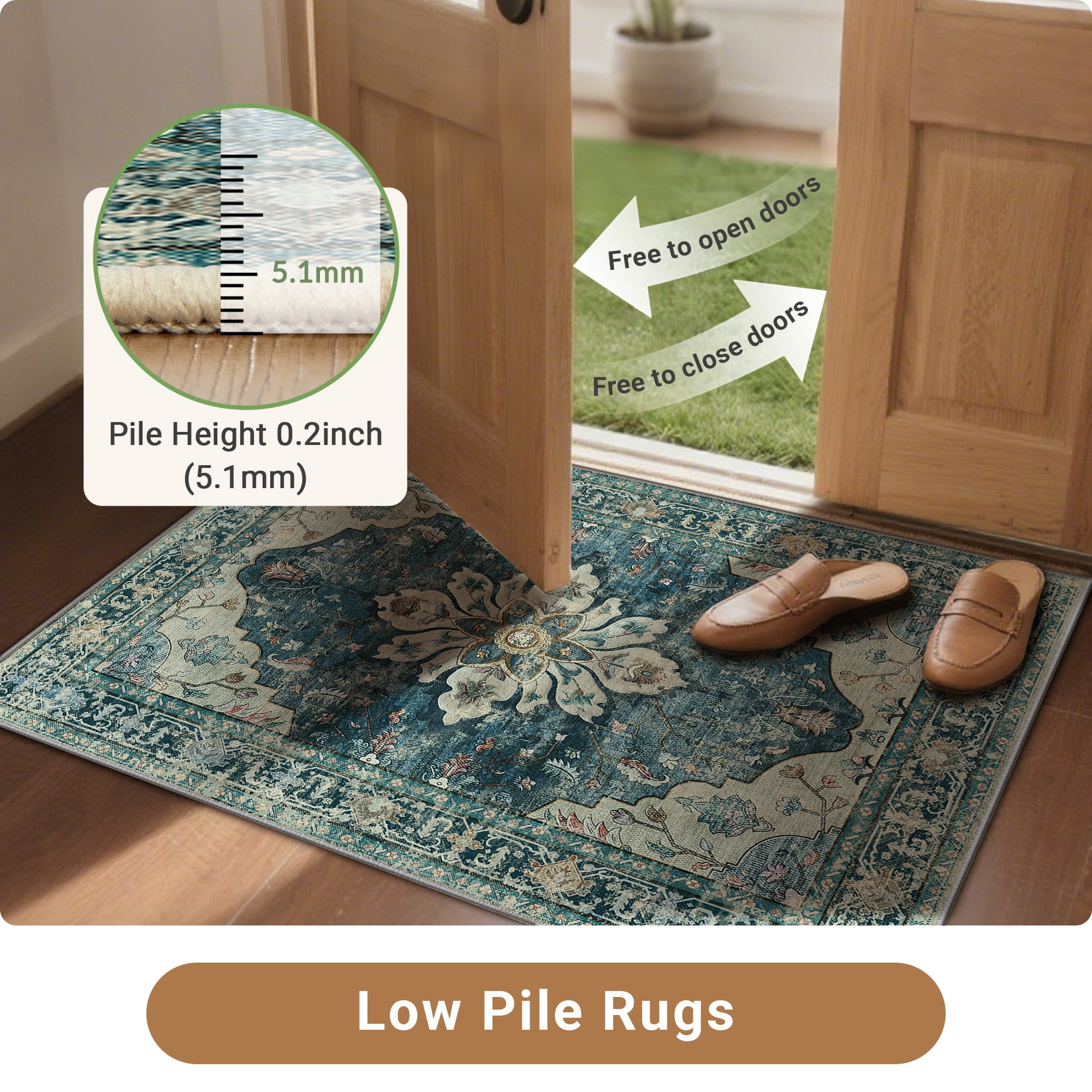 NewBuros 6'x9' Washable Area Rug for Living Room, Non Slip Vintage Distress Print Pattern Floral Rug, Soft Low Pile Indoor Carpet for Bedroom Dining Room, Dark Blue