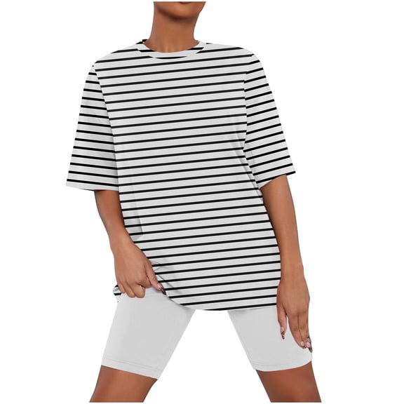 Chbgutlmr Womens Summer Outfits Crewneck 1/2 Sleeve Striped Tshirts Slim Fitted Shorts Comfy Loungewear Sets