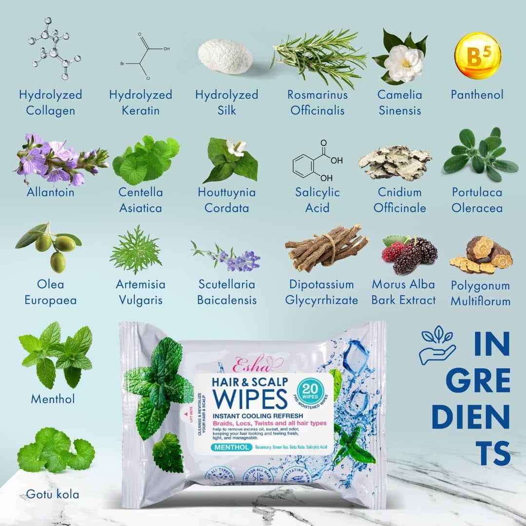 Esha Hair & Scalp Wipes – Instant Cooling Refresh for Braids, Locs, Twists & All Hair Types – 20 Count