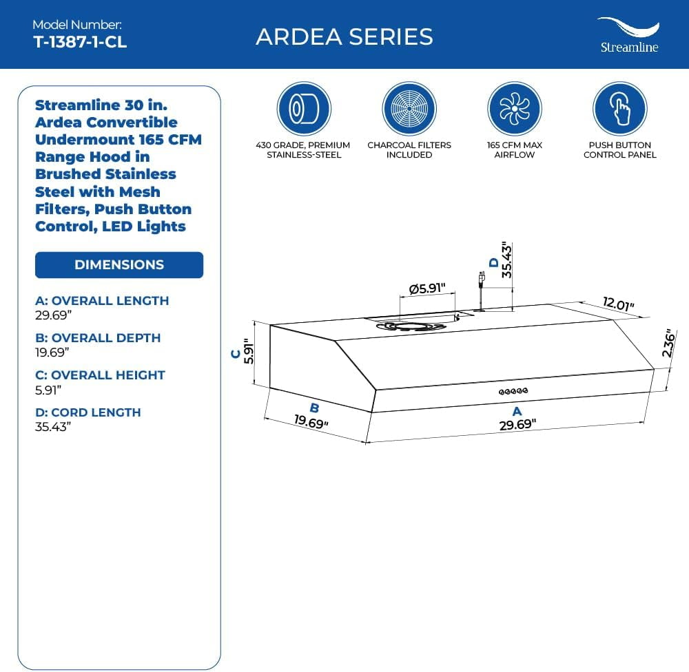 Streamline 30 in. Ardea Convertible Undermount 165 CFM Range Hood in Brushed Stainless Steel with Mesh Filters, Push Button Control, LED Lights