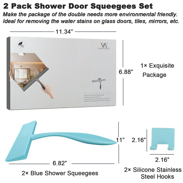 Shower Squeegee for Shower Glass Doors 11-Inch Bathroom Squeegee Shower  Door Silicone Squeegees Wiper with Non-Slip Handle, Self-Adhesive Silicone  Hook, for Mirror, Tiles, Counter (Blue-2 Pack) 