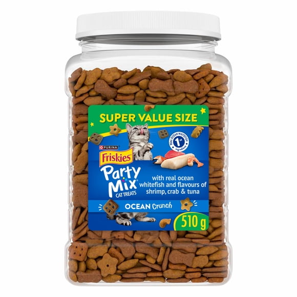 Purina Friskies Party Mix Ocean Crunchy Kibble with Real Ocean Whitefish, Cat Treats, 510 g