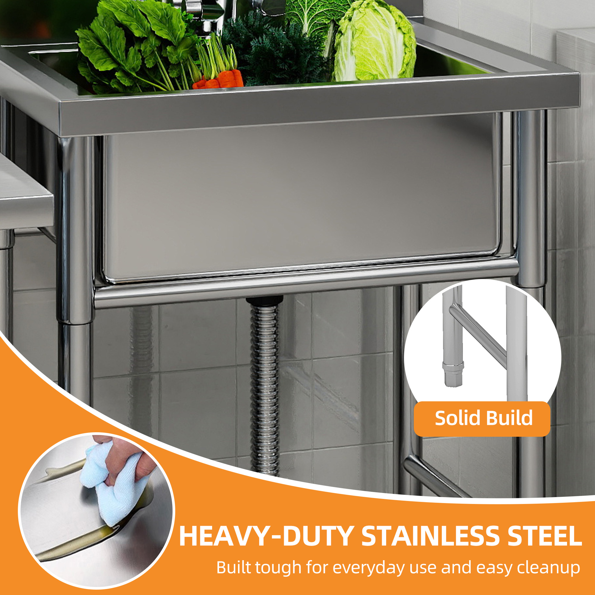 Craftian Stainless Steel Utility Sink with Single Water Tank & Drainage Pipe for Kitchen/Laundry/Garage, Silver